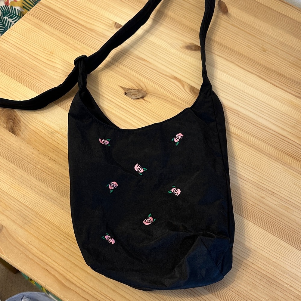 BAGGU Black Mini Shoulder Bag with Pink Rose Embroidery